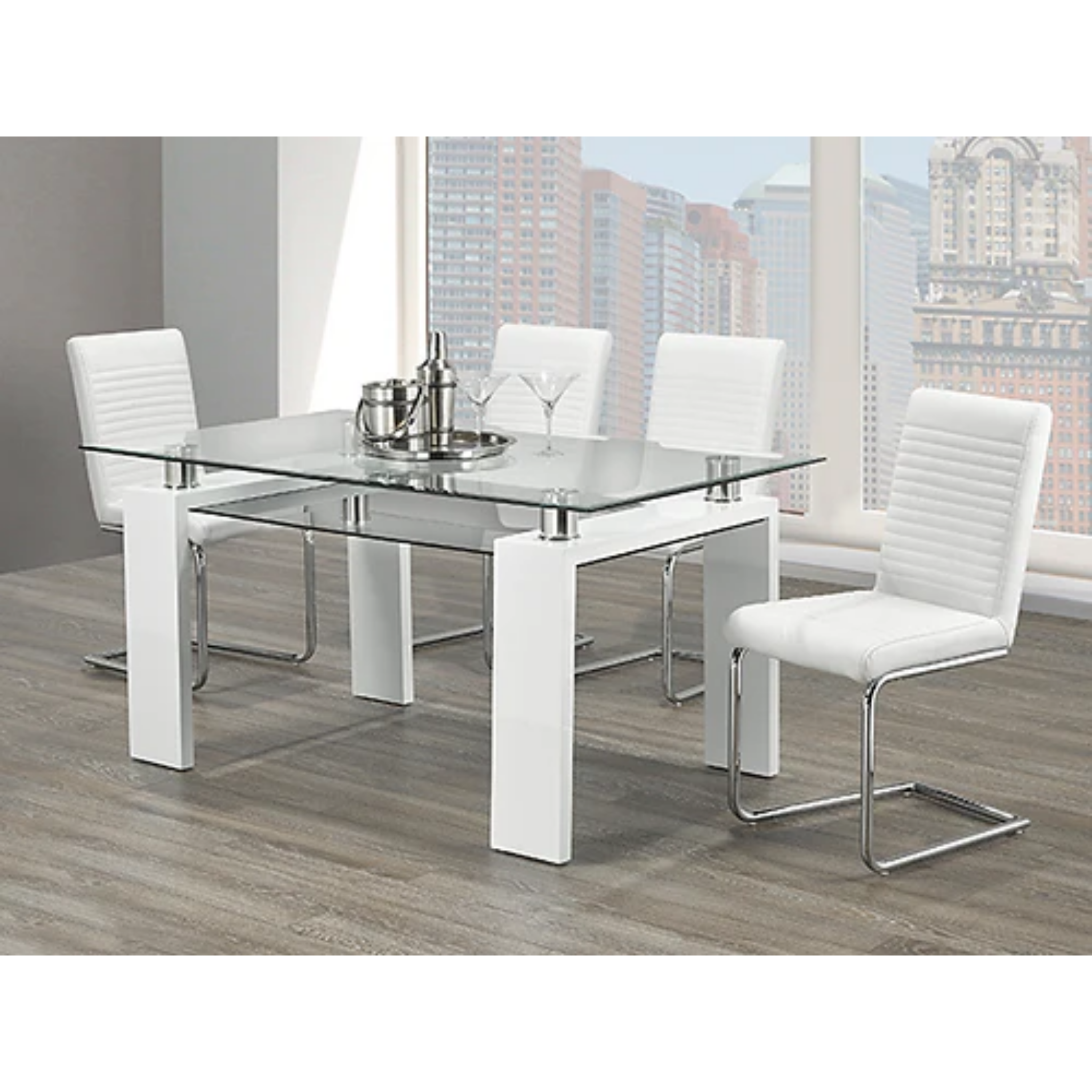 Table en verre transparent avec chaises rembourrées en PU blanc - T-1480/C-1040
