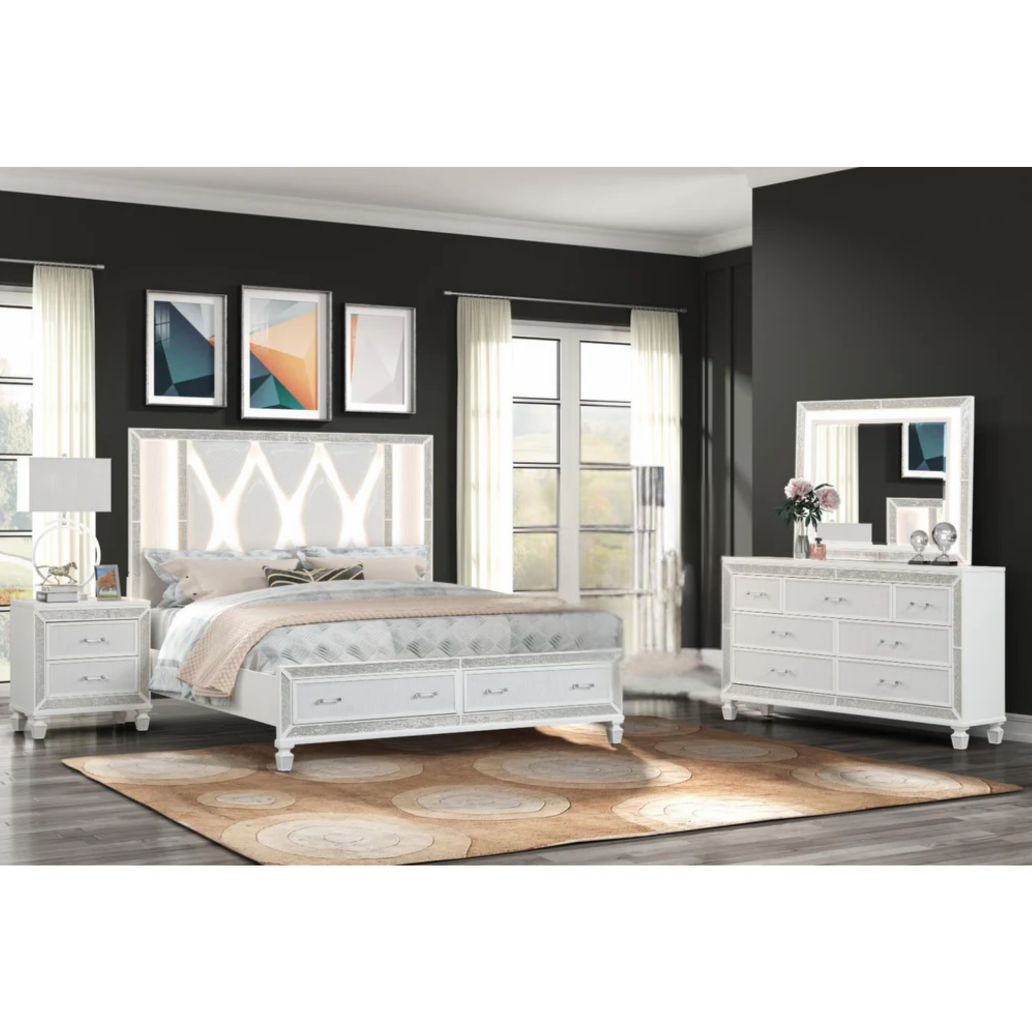Queen Bedroom Set – Crystal White Glam
