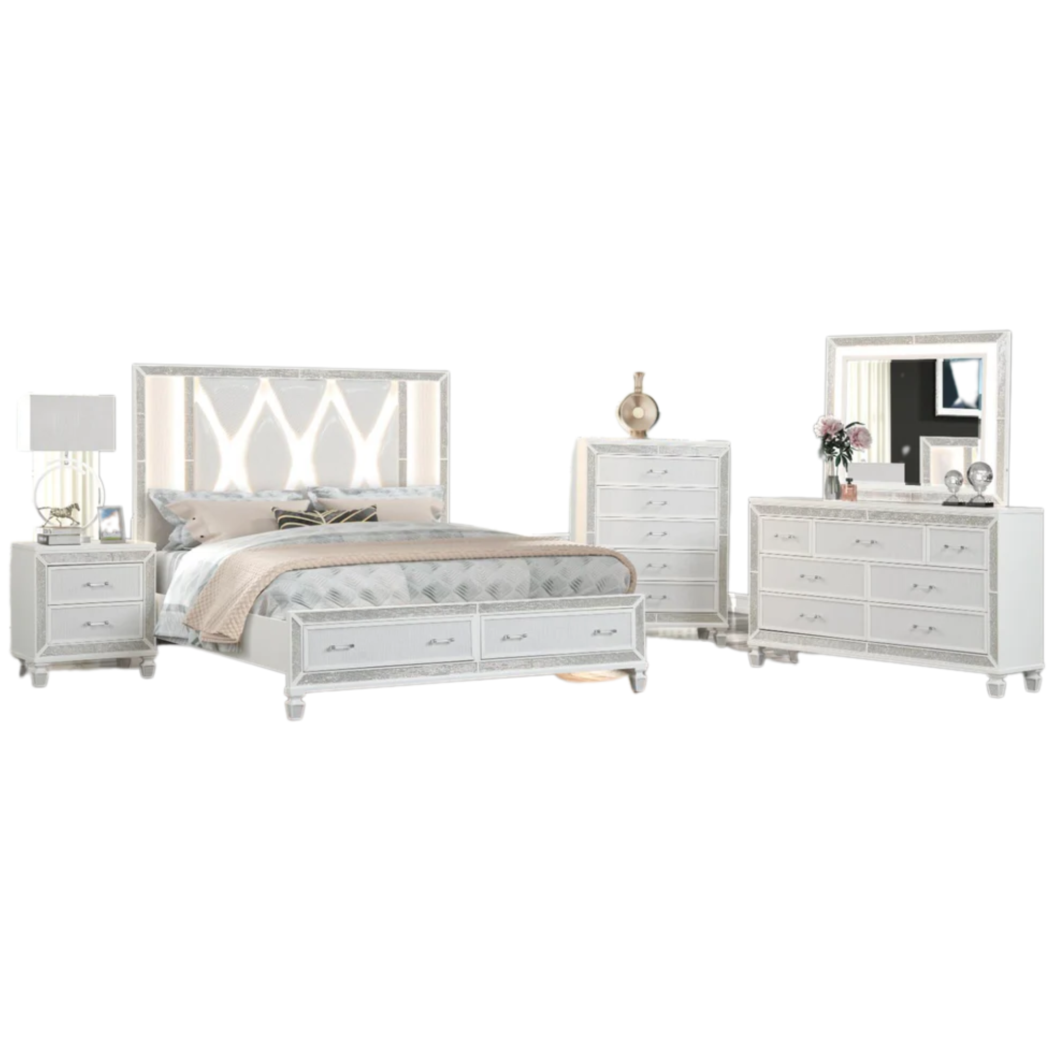 Queen Bedroom Set – Crystal White Glam