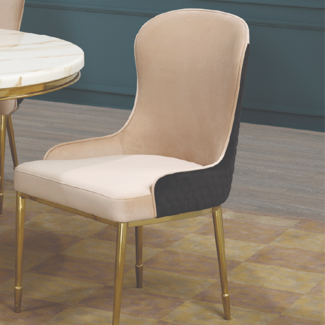 Avira – Ensemble de salle à manger – Plateau en marbre / Piètement doré / Revêtement noir