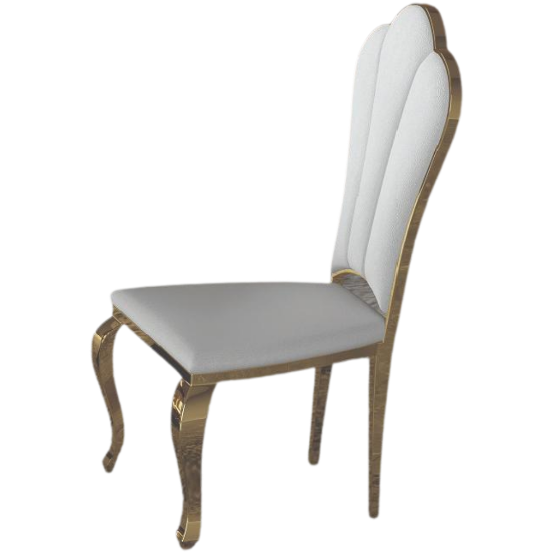 Solissa – Ensemble de salle à manger – Plateau en marbre / Piètement doré / Cuir blanc