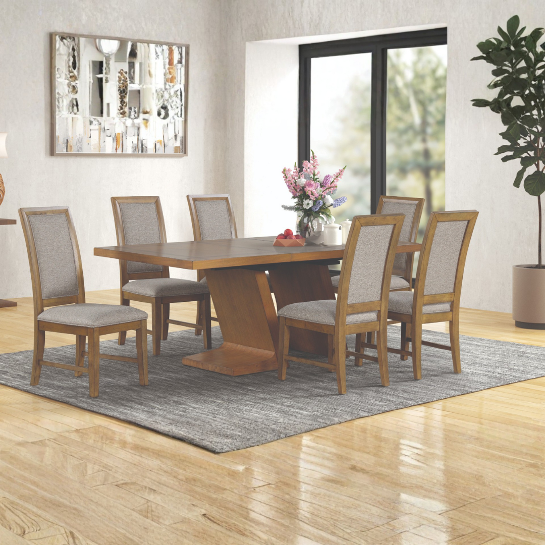 Sérénité – Ensemble de salle à manger – Table à pied central en bois / Chaises en tissu