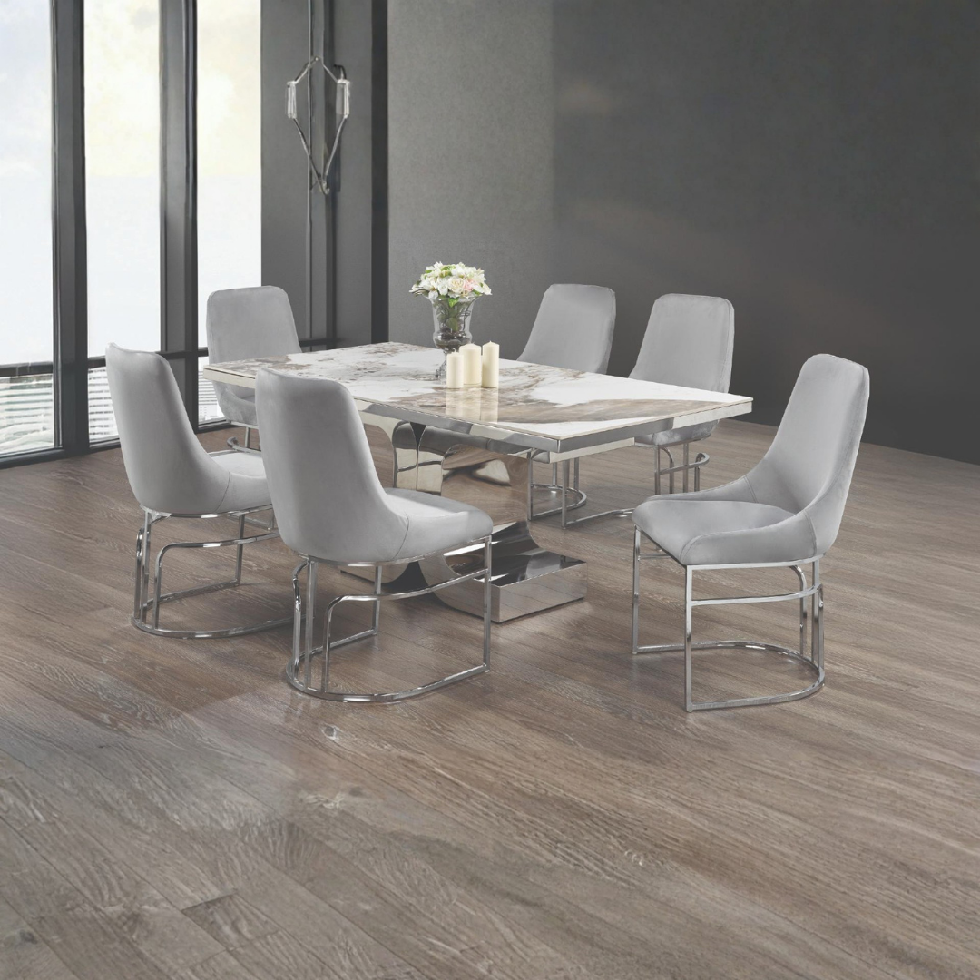 Opalle – Ensemble de salle à manger – Plateau en marbre céramique / Piètement chromé / Revêtement beige