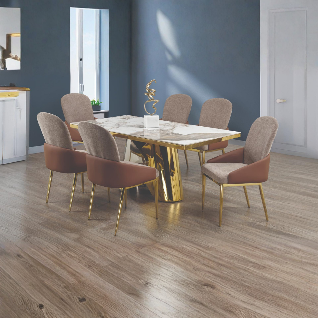 Livoria – Ensemble de salle à manger en céramique effet marbre – Pieds dorés et chromés