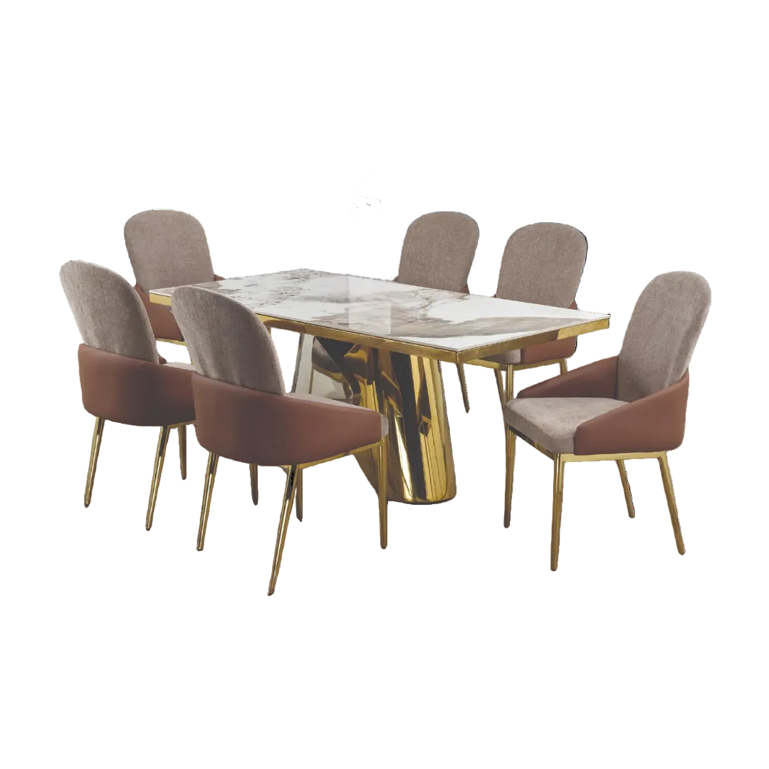 Livoria – Ceramic Marble Dining Table Set – Gold & Chrome Base