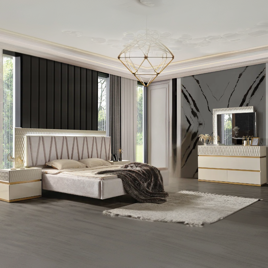 Ensemble chambre à coucher queen Delvario 6 pièces blanc cassé accents dorés avec tête de lit LED – Montréal