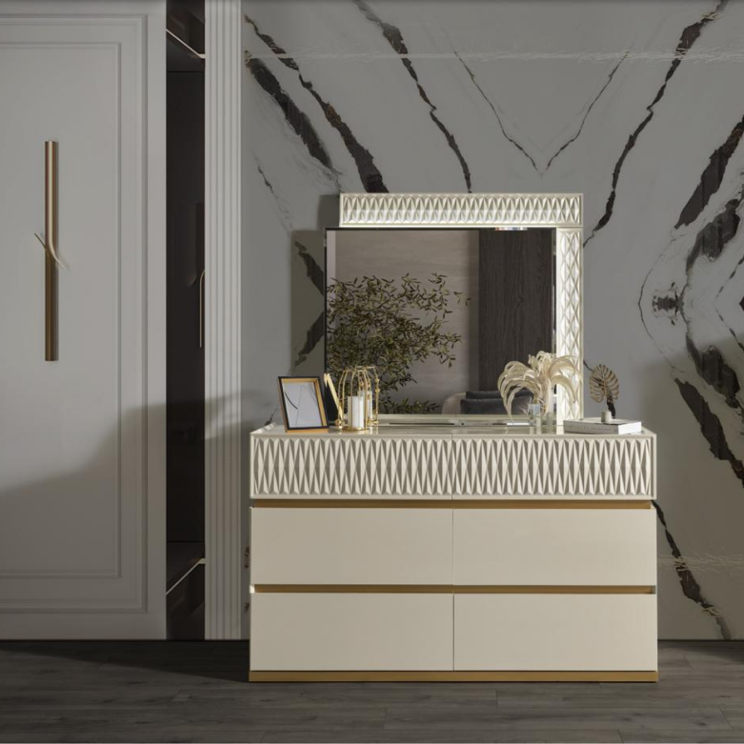 Ensemble chambre à coucher queen Delvario 6 pièces blanc cassé accents dorés avec tête de lit LED – Montréal