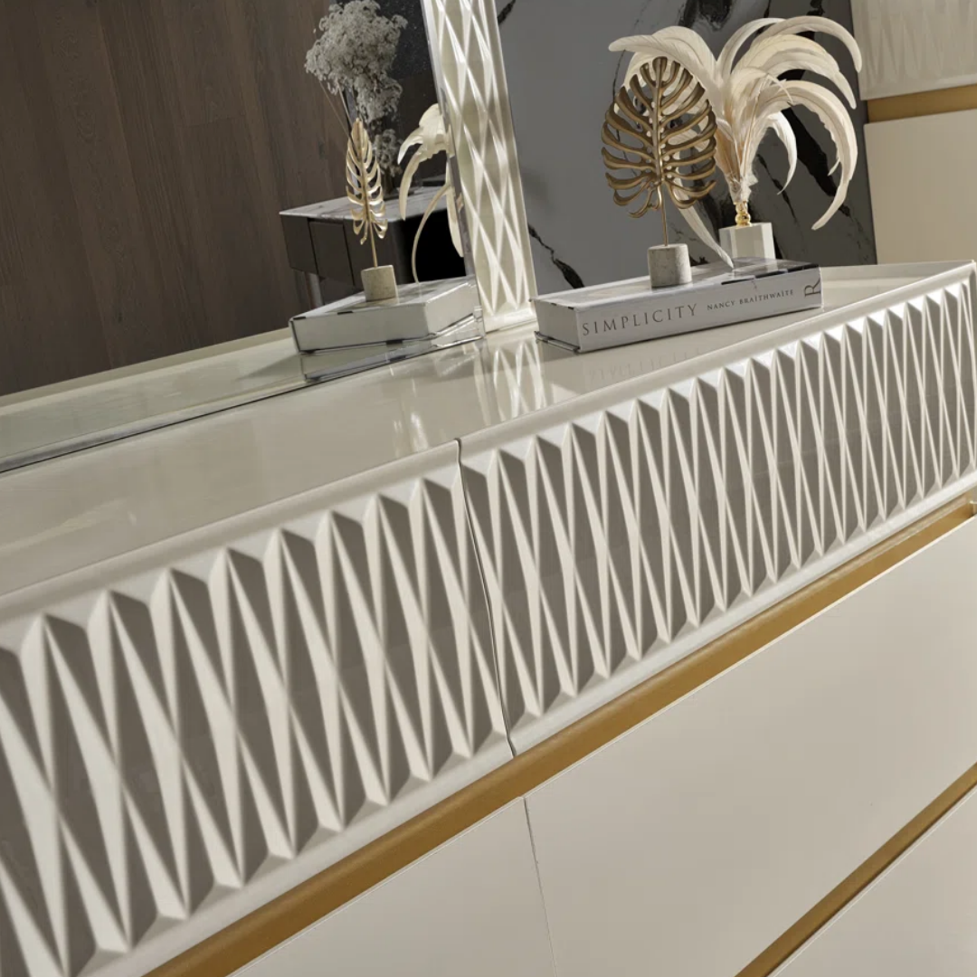 Ensemble chambre à coucher queen Delvario 6 pièces blanc cassé accents dorés avec tête de lit LED – Montréal