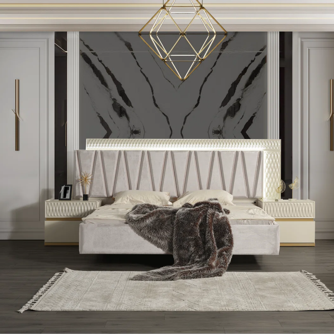 Ensemble chambre à coucher queen Delvario 6 pièces blanc cassé accents dorés avec tête de lit LED – Montréal