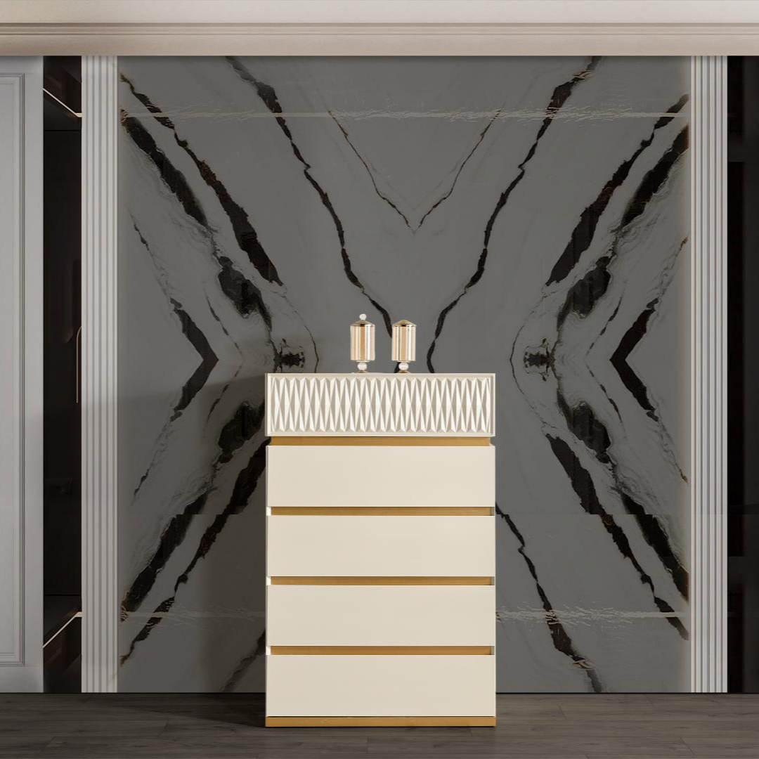 Ensemble chambre à coucher queen Delvario 6 pièces blanc cassé accents dorés avec tête de lit LED – Montréal