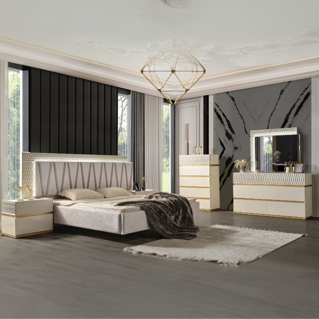 Ensemble chambre à coucher queen Delvario 6 pièces blanc cassé accents dorés avec tête de lit LED – Montréal