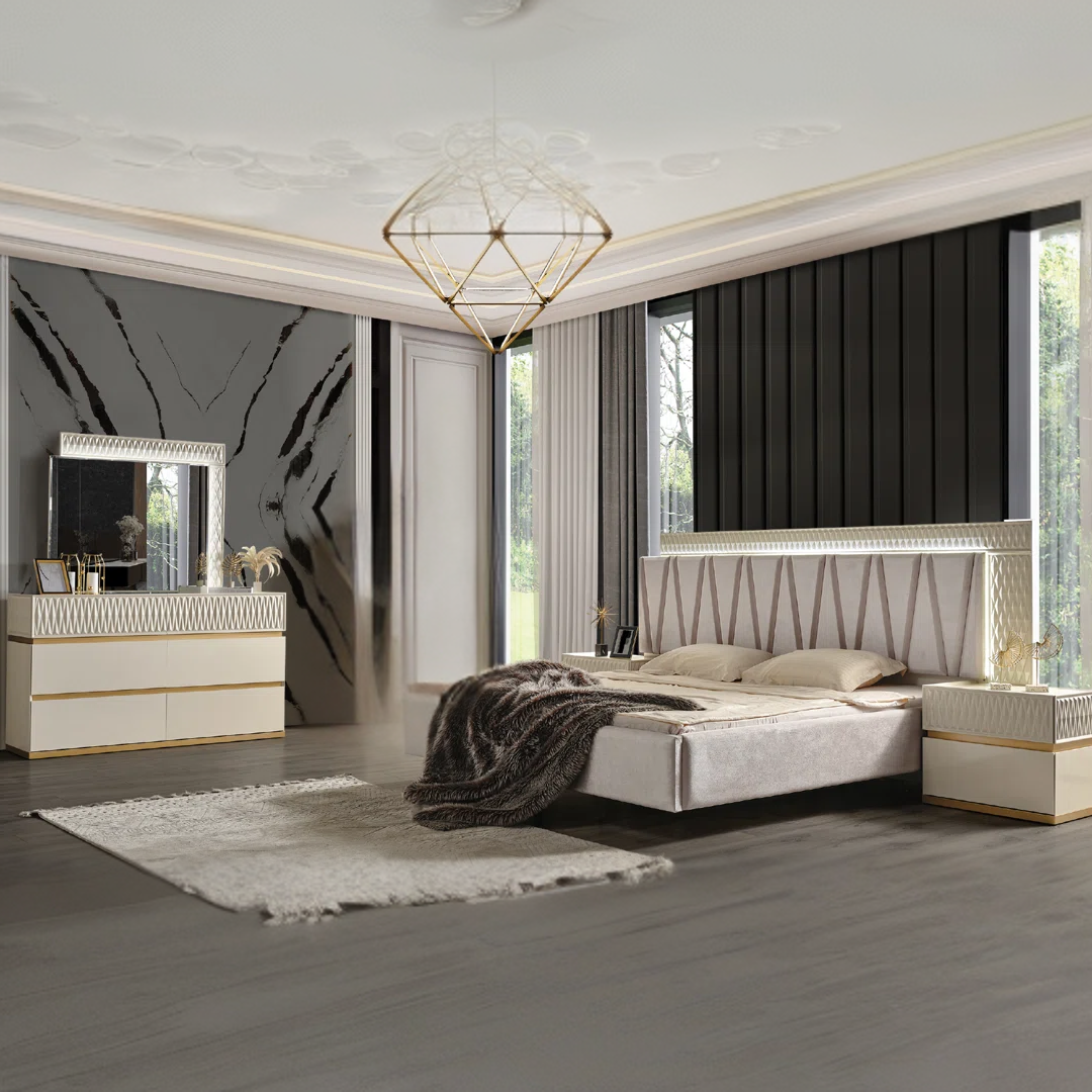 Delvario – Ensemble de chambre à coucher – King – Blanc cassé