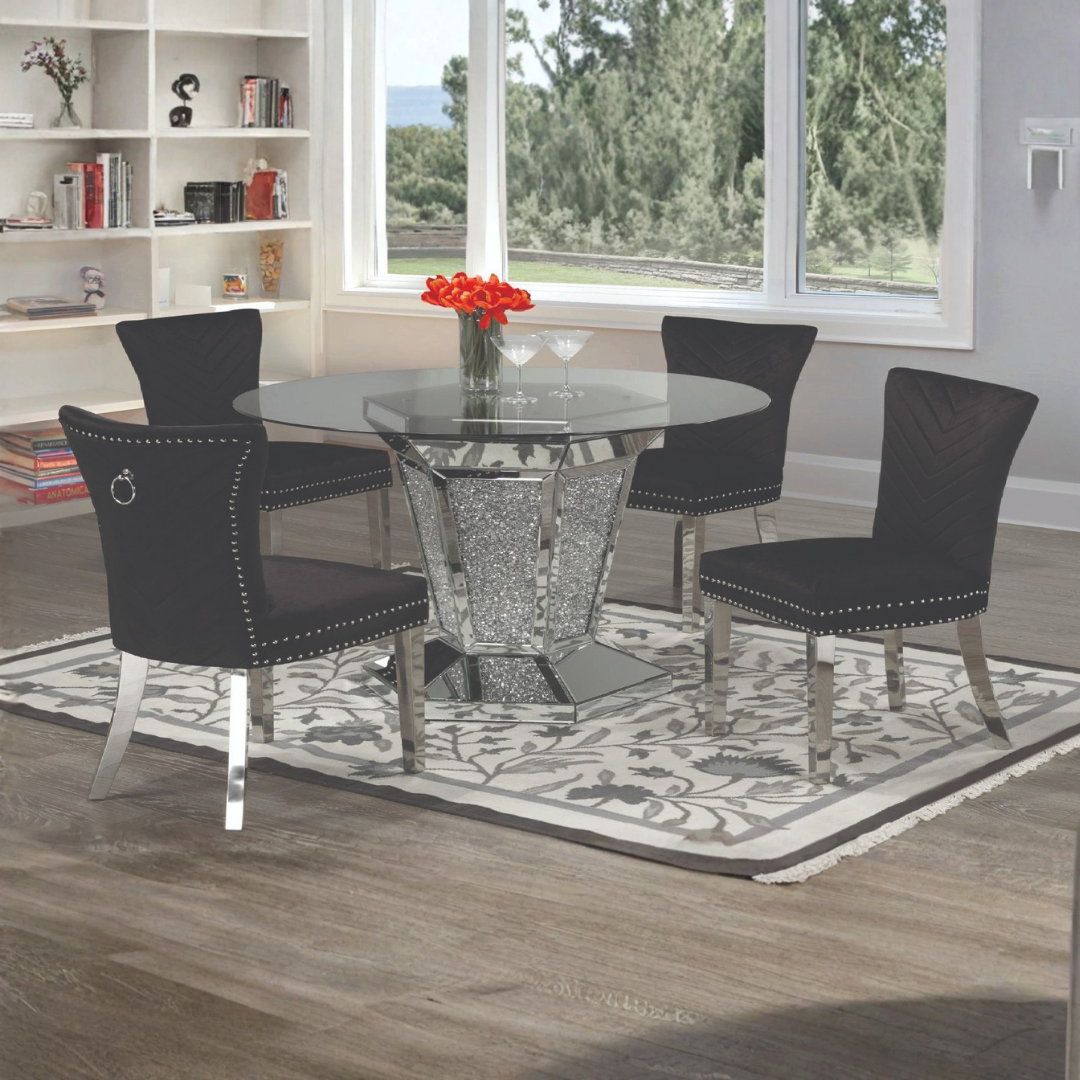Valora – Ensemble de salle à manger – Plateau en verre / Tissu noir