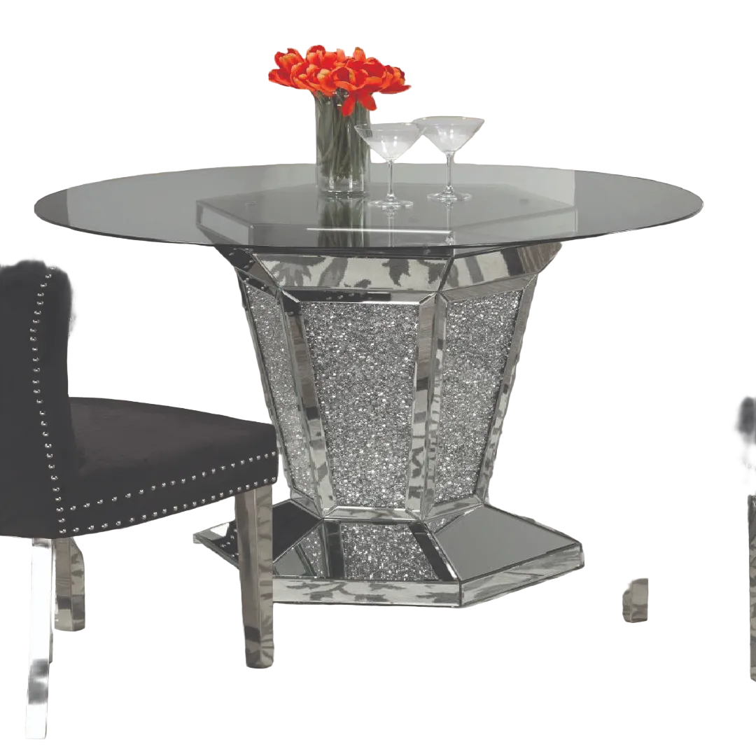 Cristallo – Table à manger – Plateau en verre / Piètement chromé cristal