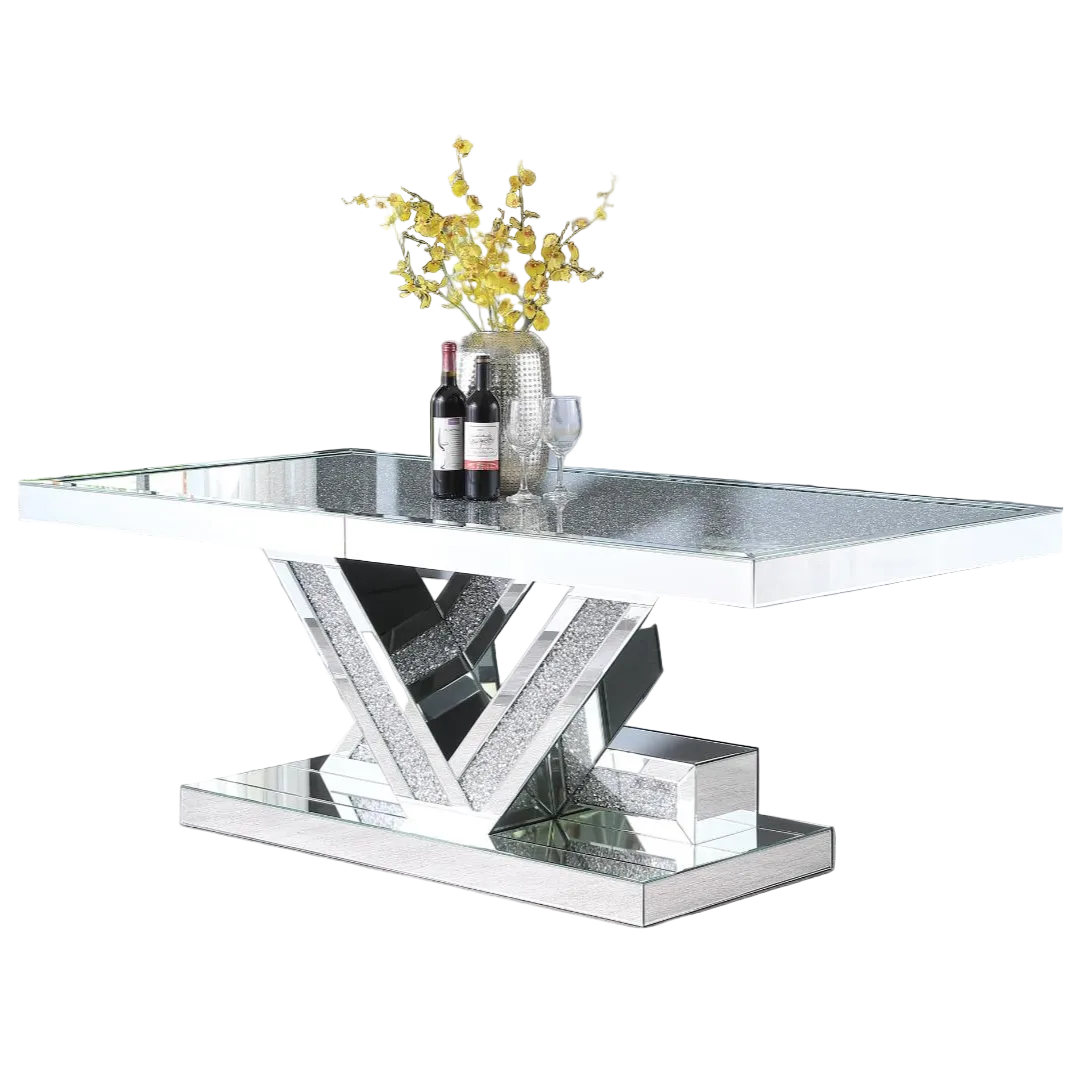 Veltrix – Table à manger – Verre et cristaux / Pied chromé