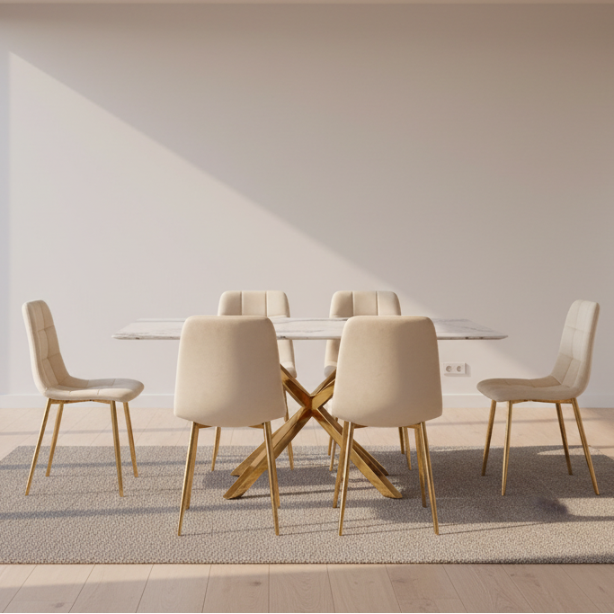 Tavola – Ensemble de salle à manger rectangulaire – Plateau en céramique / Velours beige