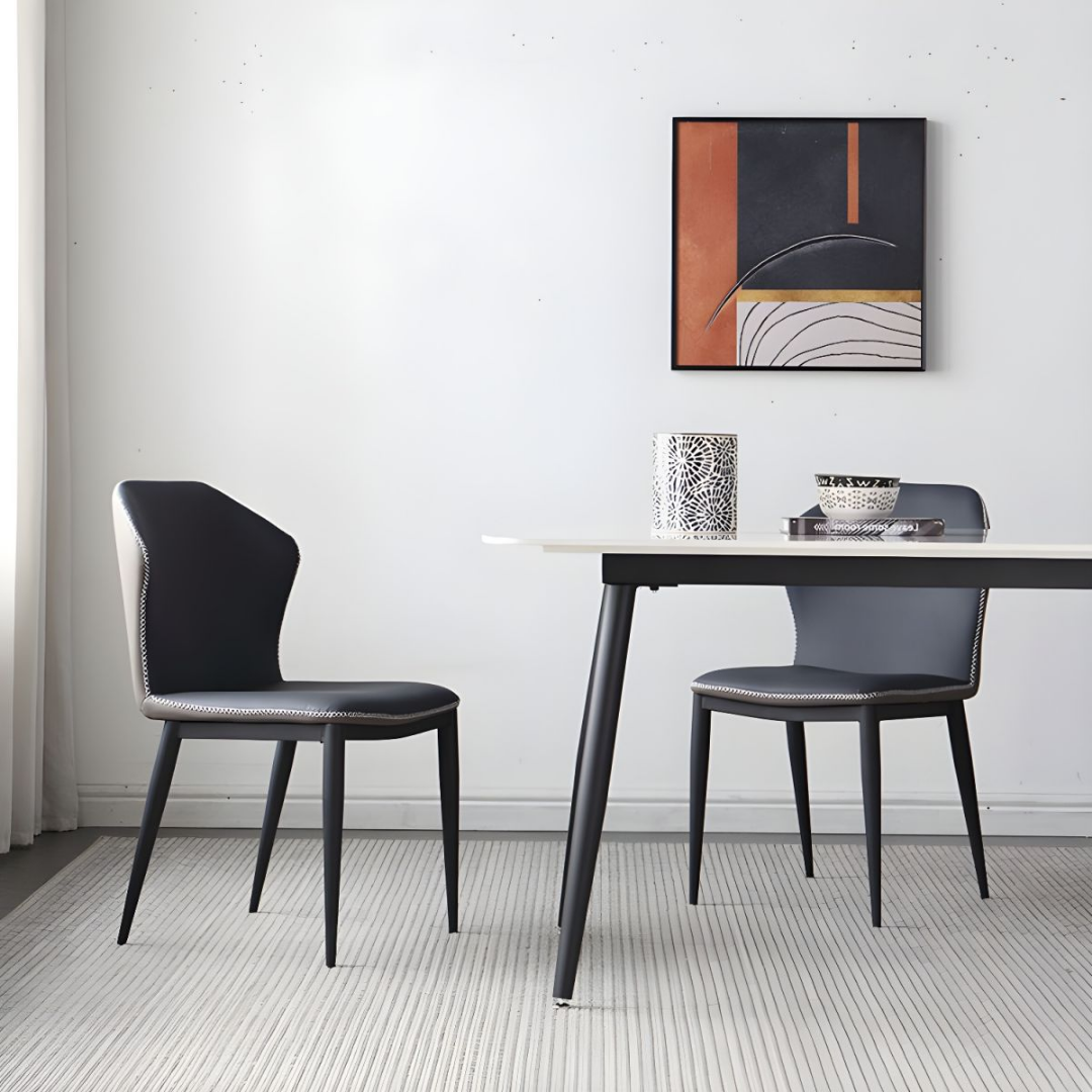 Burlo – Ensemble de salle à manger – Pierre frittée blanche / Similicuir gris