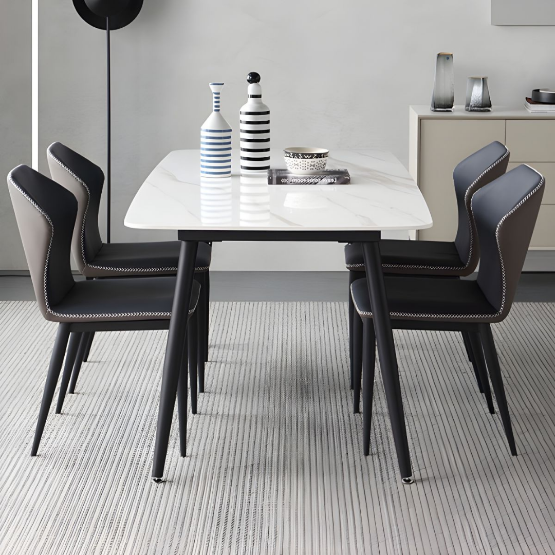 Burlo – Ensemble de salle à manger – Pierre frittée blanche / Similicuir gris