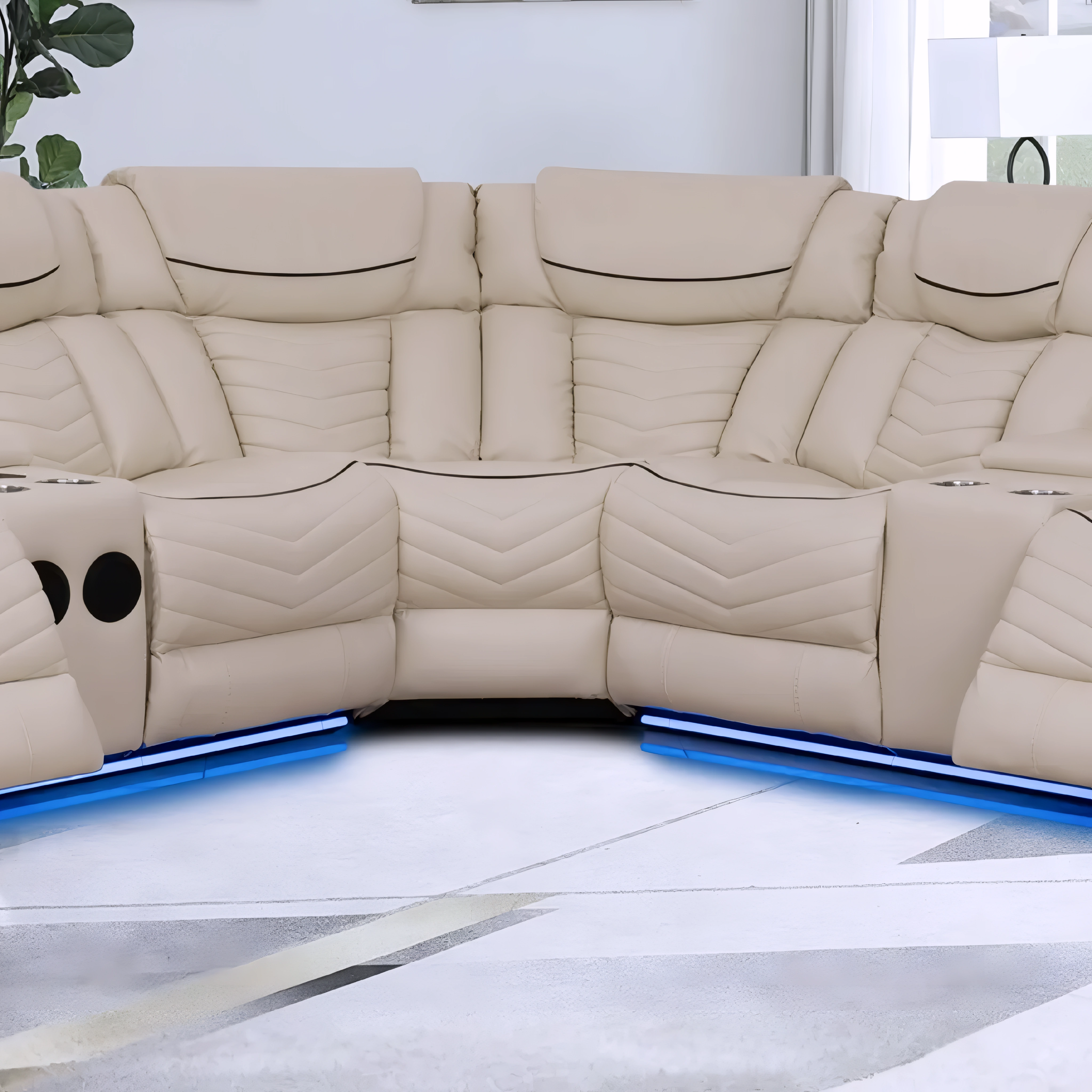 Sectionnel inclinable réversible Donor 3 pièces cuir PU beige avec LED bleu – Bonito Montréal