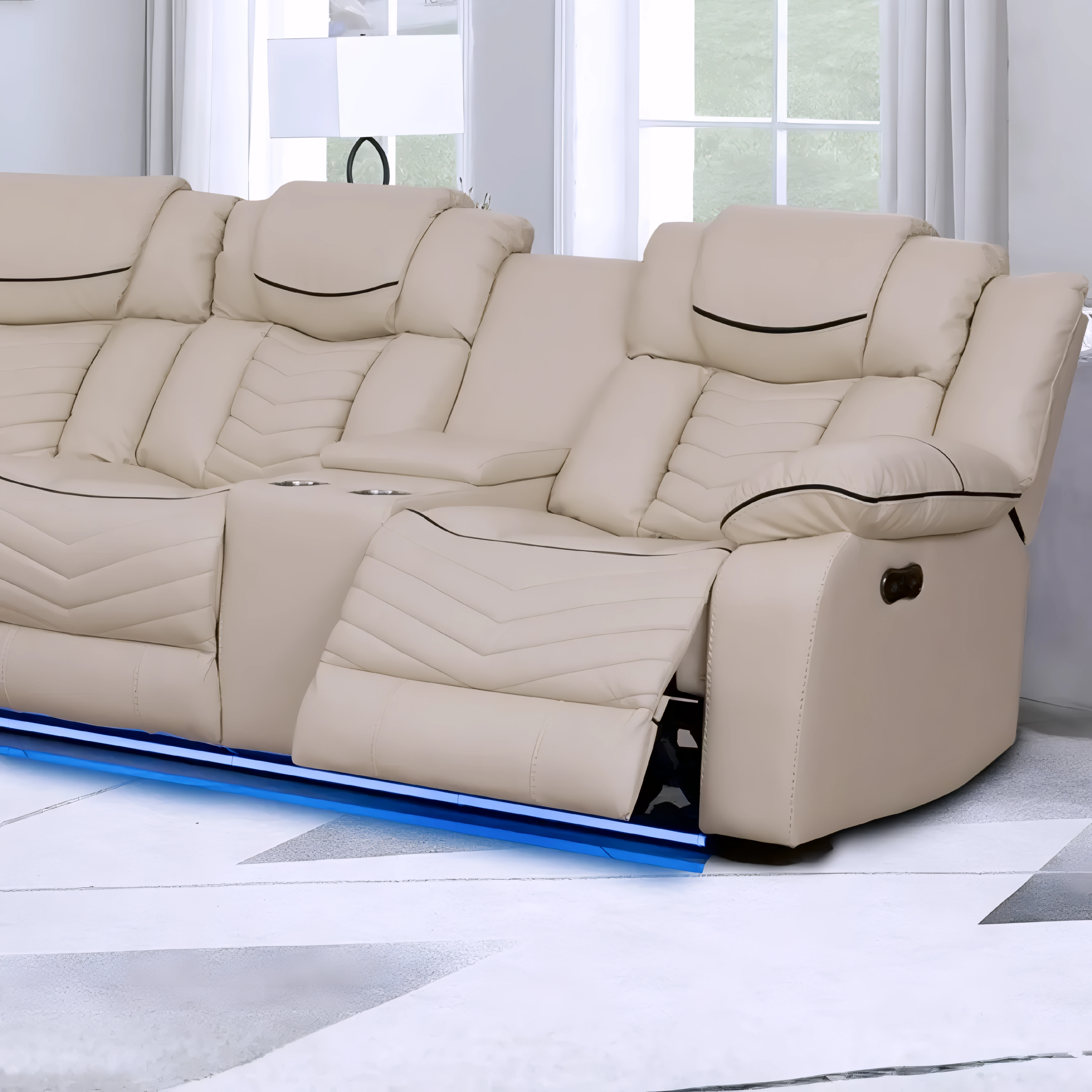 Sectionnel inclinable réversible Donor 3 pièces cuir PU beige avec LED bleu – Bonito Montréal