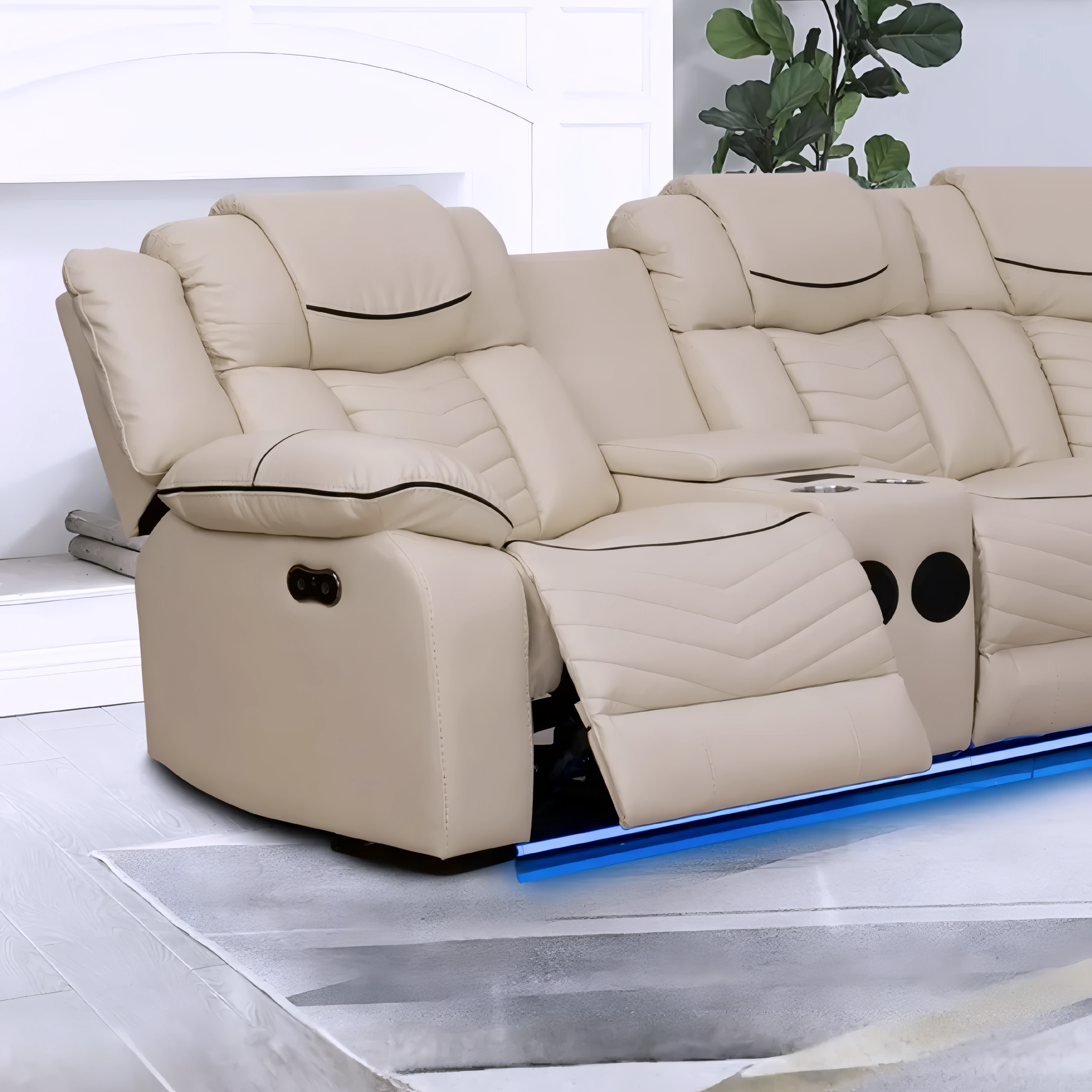 Sectionnel inclinable réversible Donor 3 pièces cuir PU beige avec LED bleu – Bonito Montréal