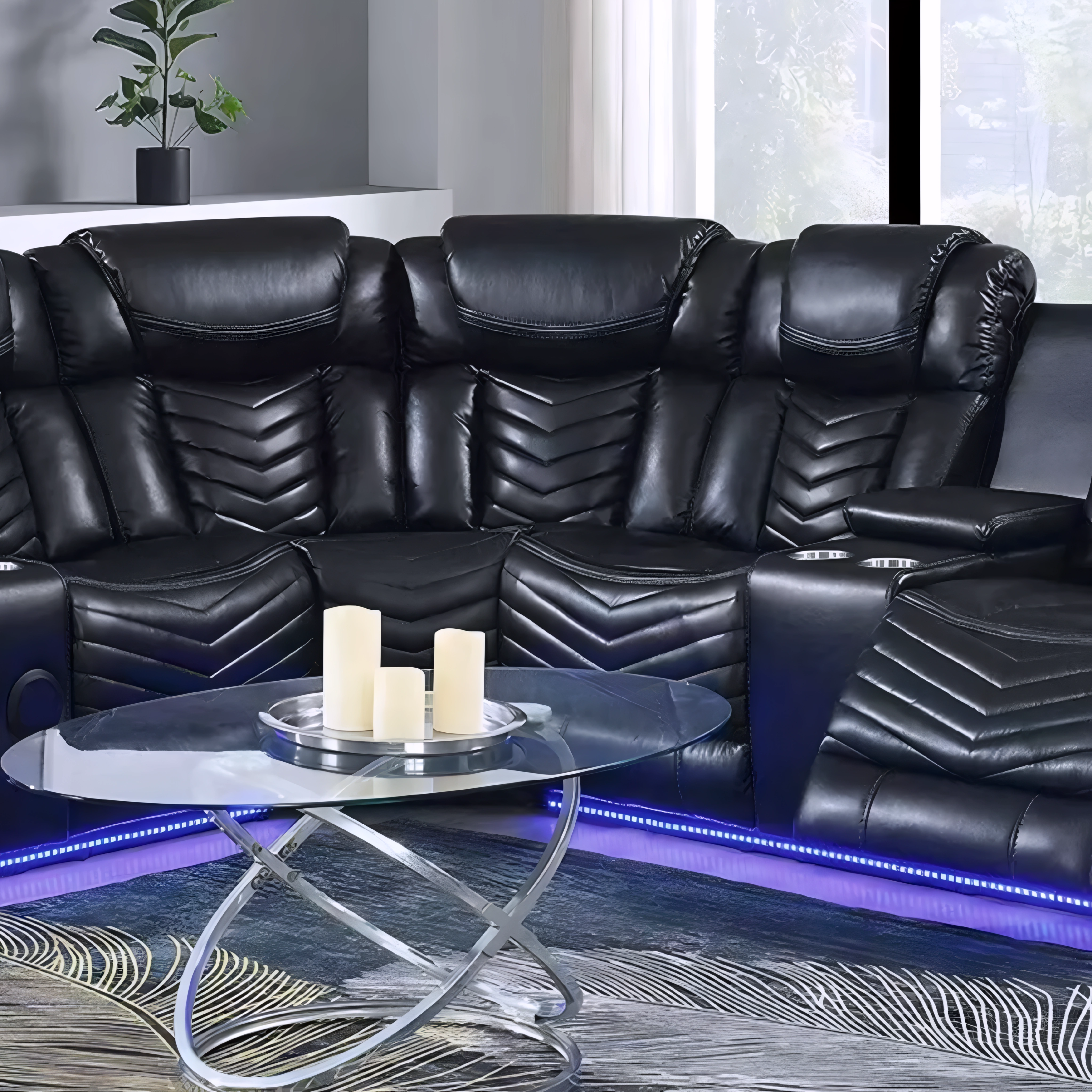 Sofa sectionnel inclinable réversible Donor en faux cuir noir avec LED sous-châssis, 115x115 po, Montréal