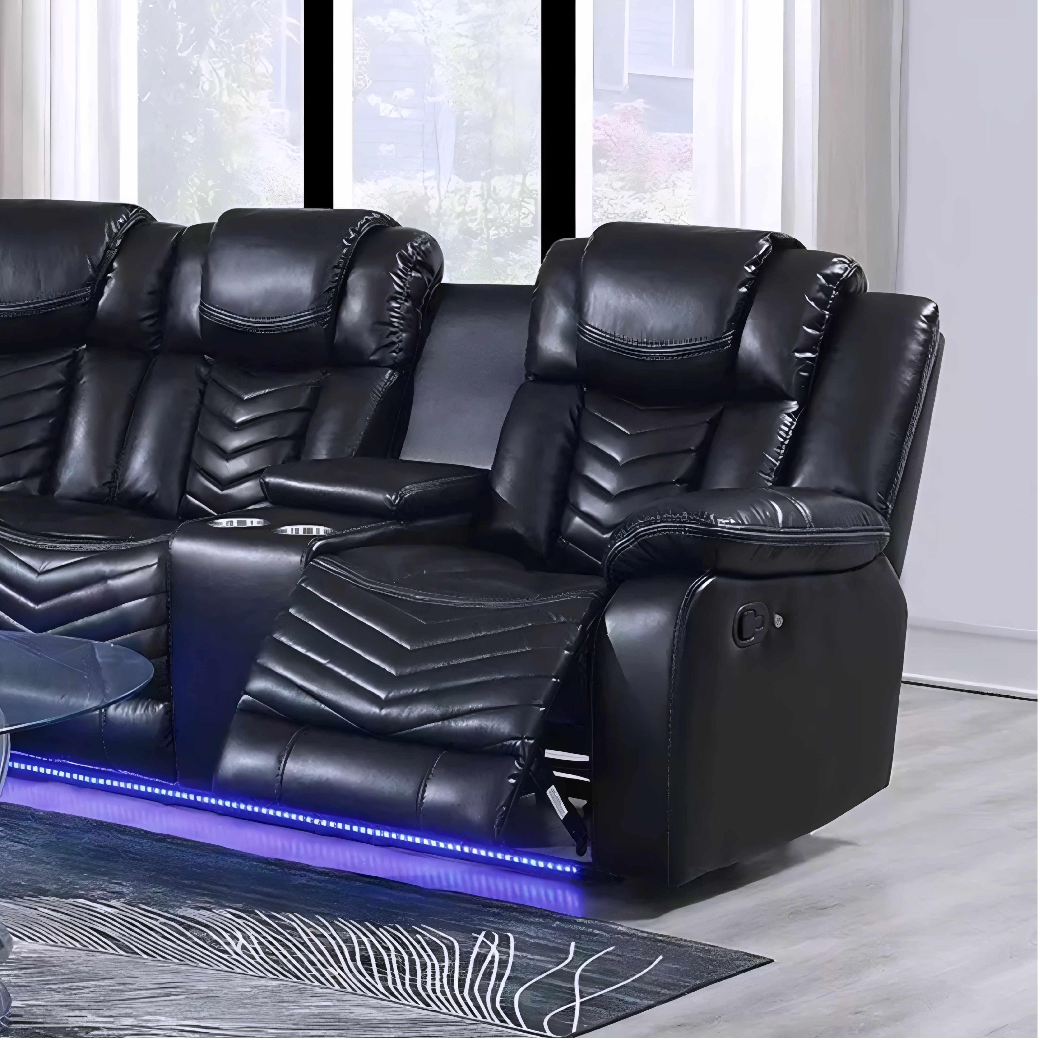 Sofa sectionnel inclinable réversible Donor en faux cuir noir avec LED sous-châssis, 115x115 po, Montréal