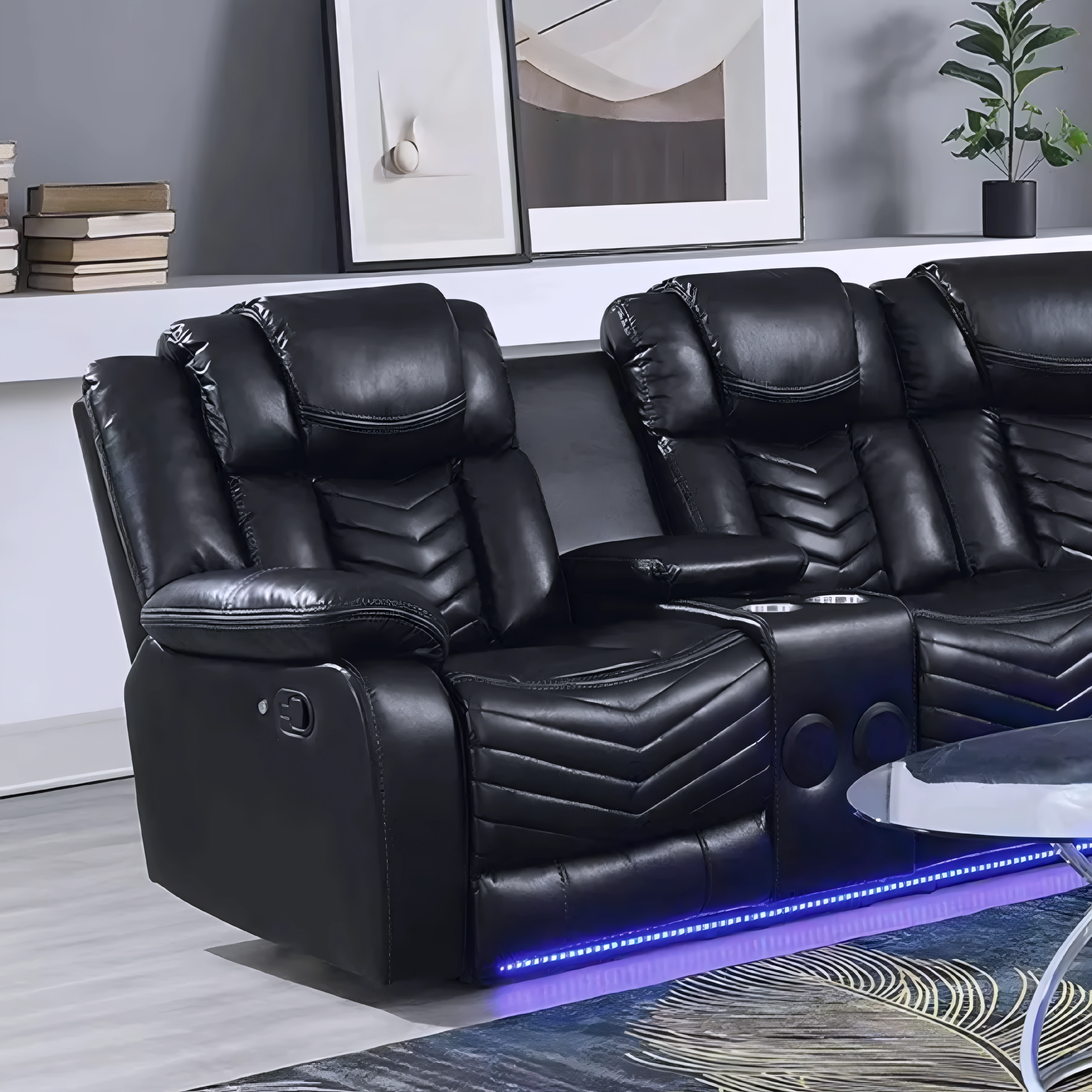 Sofa sectionnel inclinable réversible Donor en faux cuir noir avec LED sous-châssis, 115x115 po, Montréal
