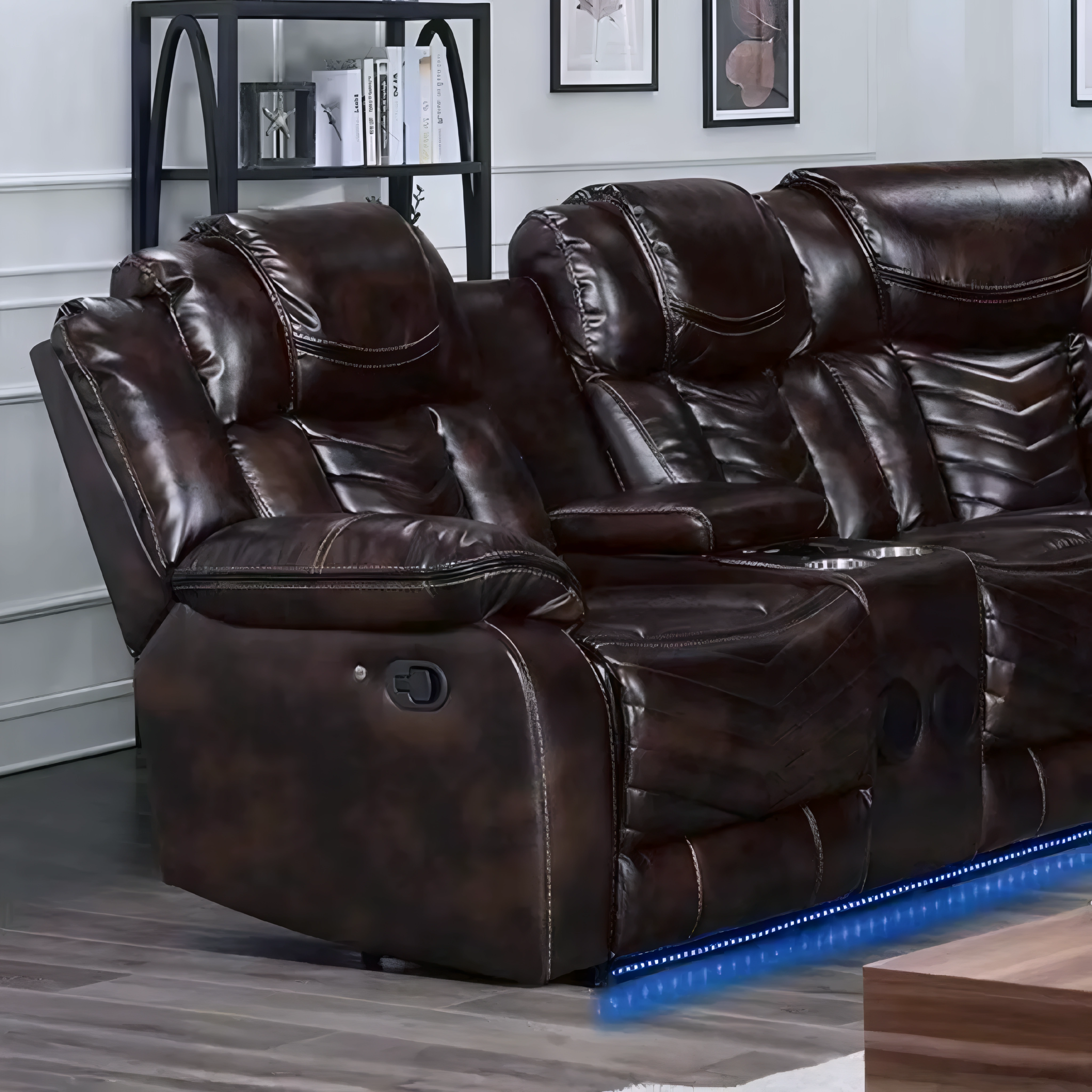 Sectionnel inclinable réversible Donor en similicuir brun avec LED et console centrale – Bonito Montréal