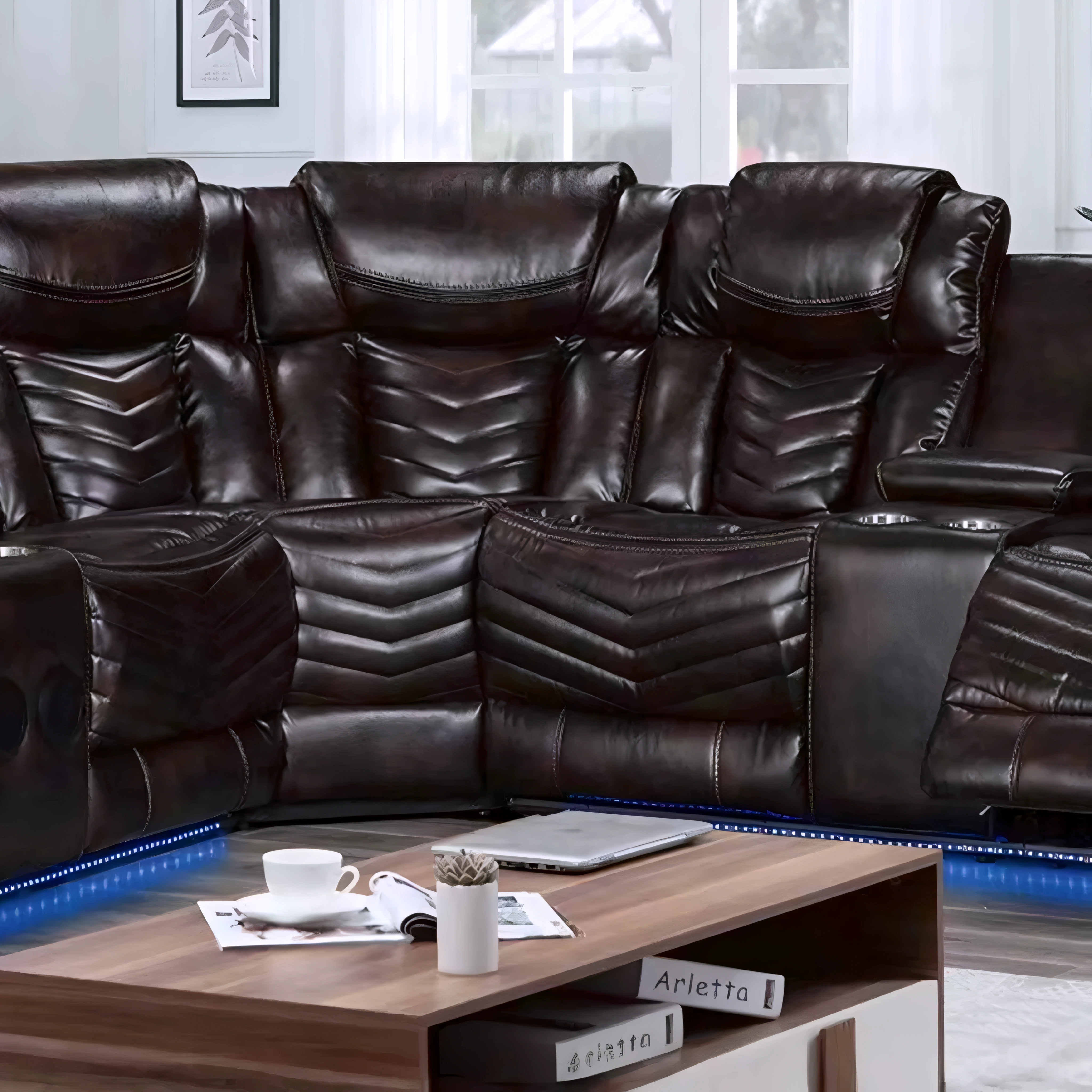 Sectionnel inclinable réversible Donor en similicuir brun avec LED et console centrale – Bonito Montréal