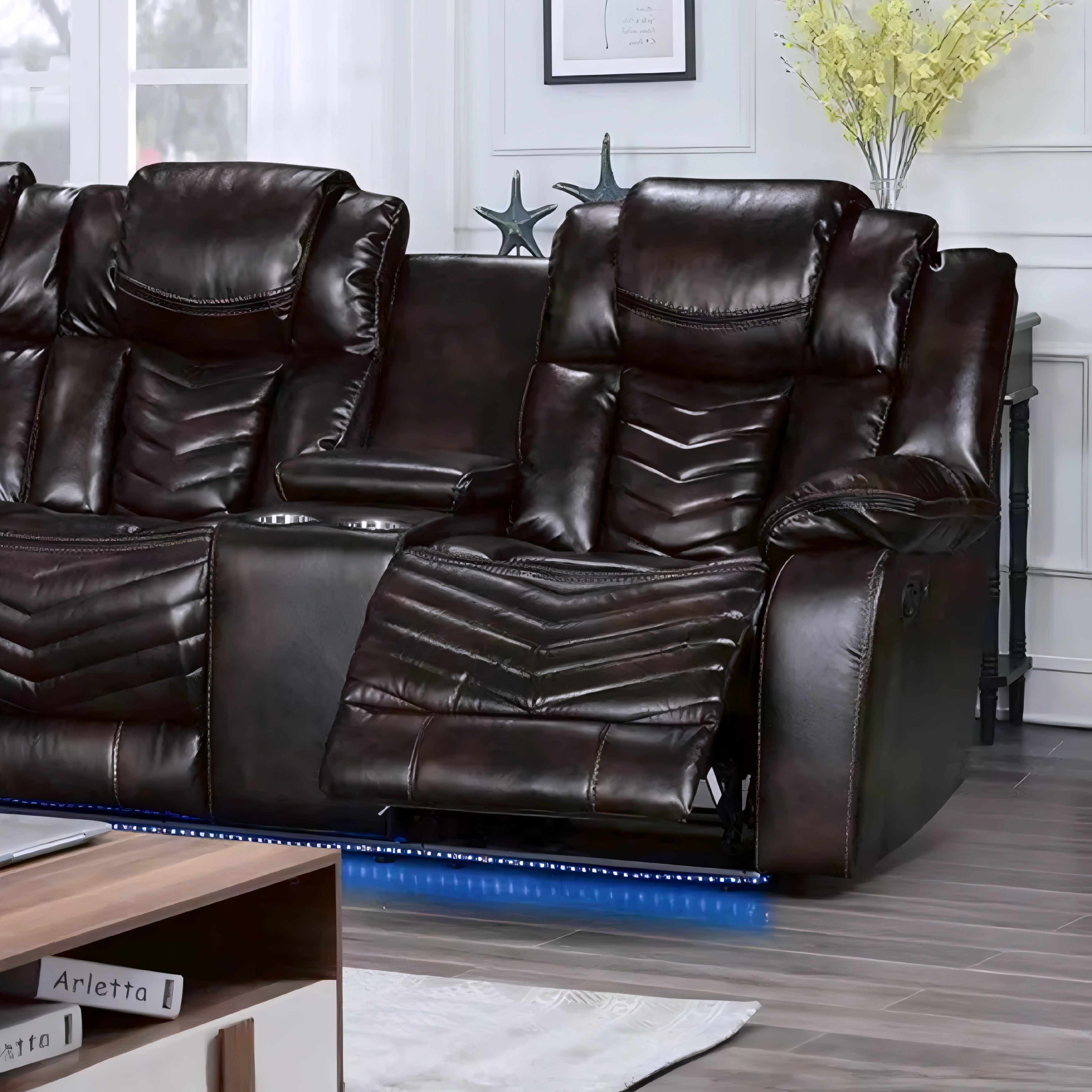 Sectionnel inclinable réversible Donor en similicuir brun avec LED et console centrale – Bonito Montréal