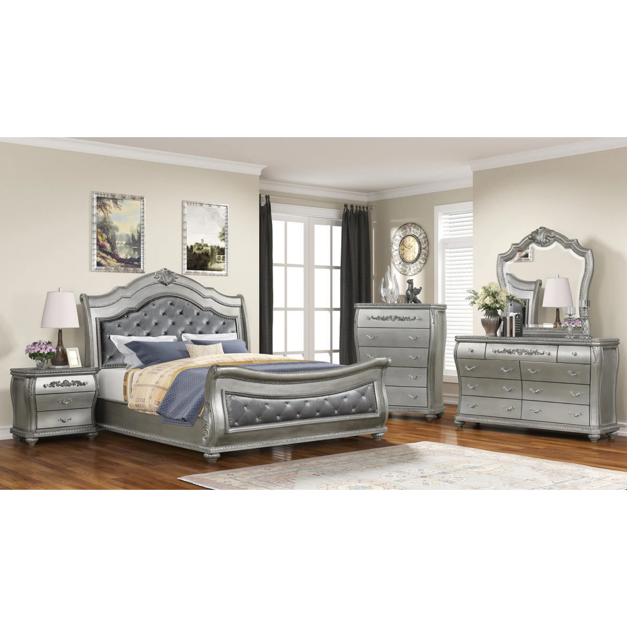 King Bedroom Set – Destiny Silver Baroque