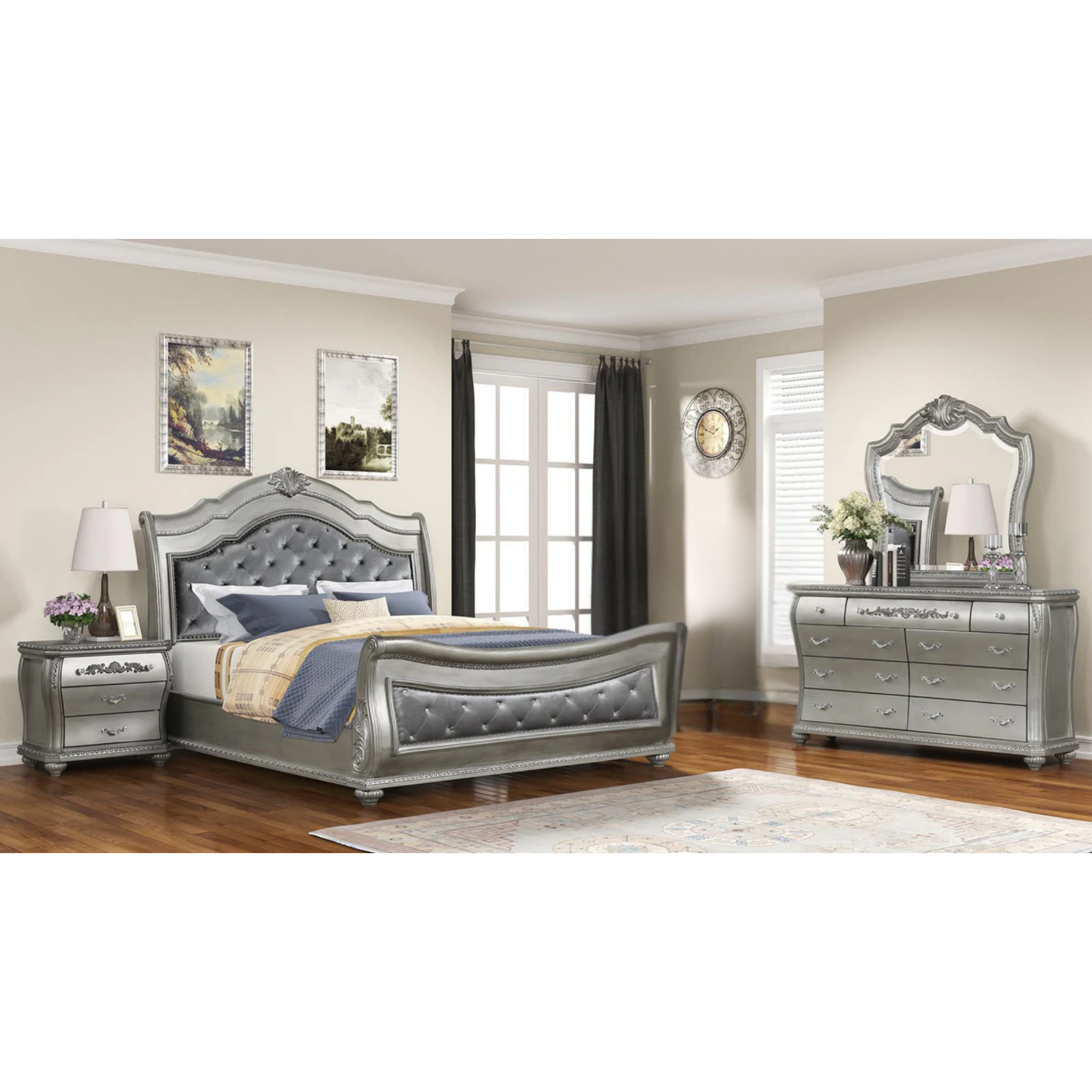 King Bedroom Set – Destiny Silver Baroque
