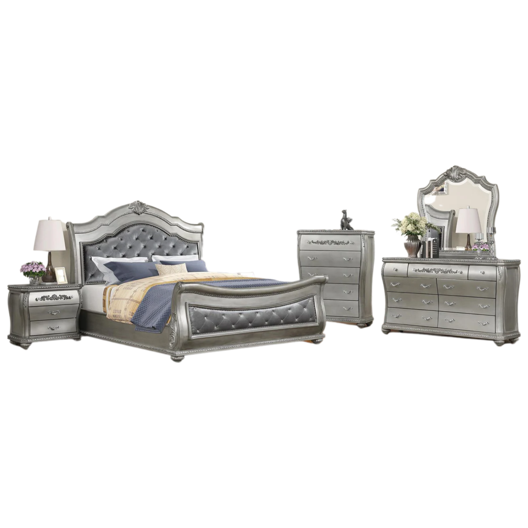 Queen Bedroom Set – Destiny Silver Baroque