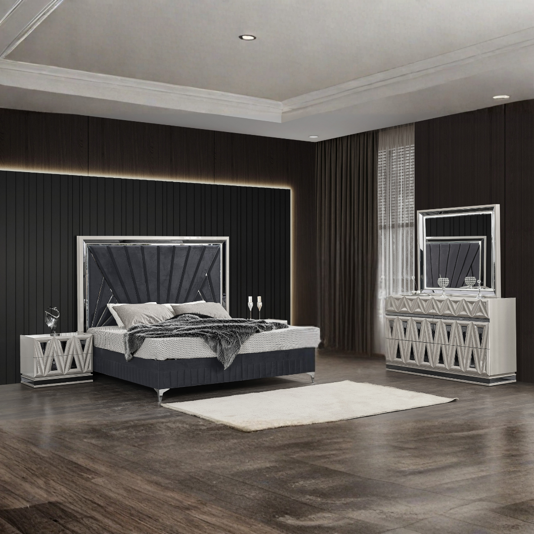 Diamara – Ensemble de chambre à coucher – Queen – Laque grise