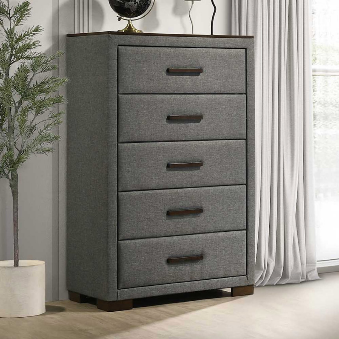 Commode Havenridge à 5 tiroirs – Tissu gris foncé et plateau en bois