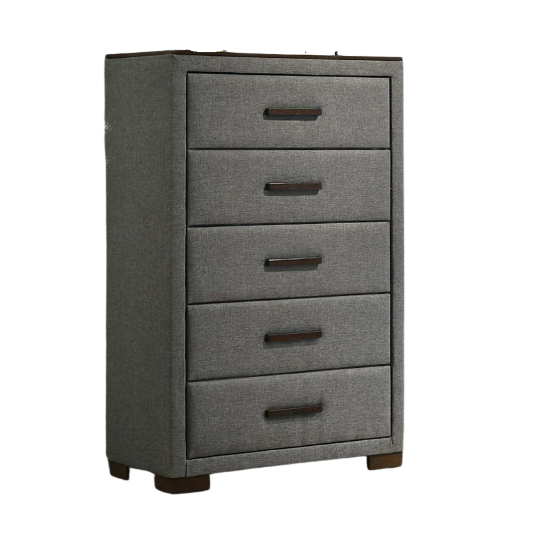 Commode Havenridge à 5 tiroirs – Tissu gris foncé et plateau en bois