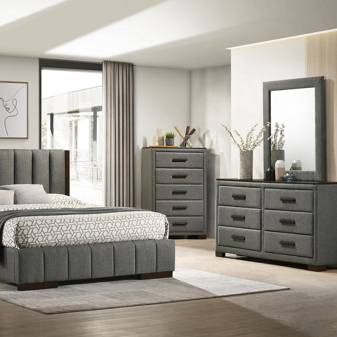 Commode Havenridge à 6 tiroirs avec miroir – Tissu gris foncé