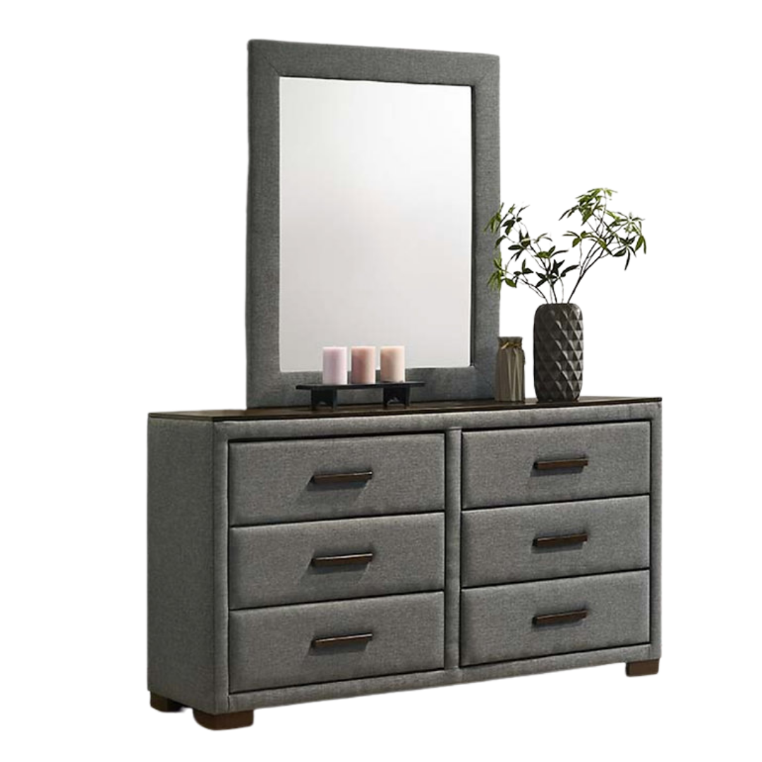 Commode Havenridge à 6 tiroirs avec miroir – Tissu gris foncé