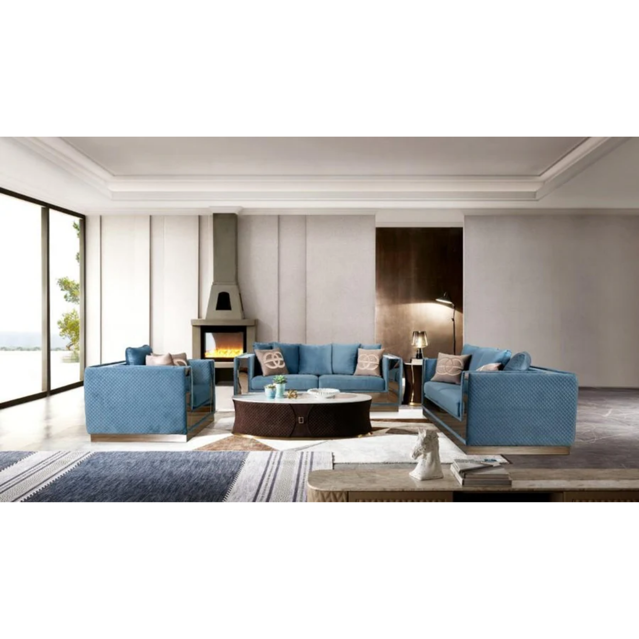 EROS - Ensemble de canapés 3 pièces en velours bleu