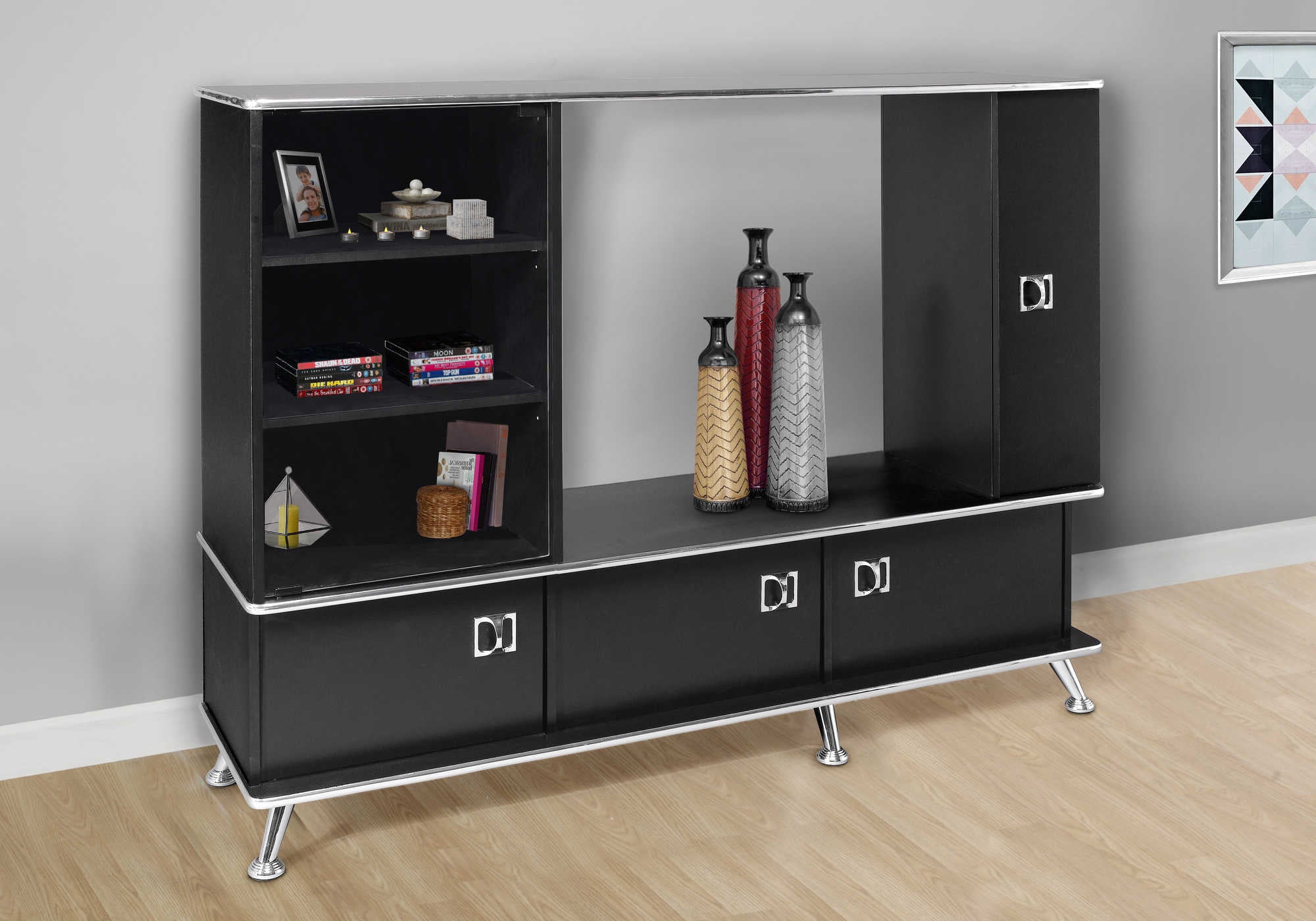 BOOKCASE - BLACK / CHROME ACCENT STORAGE UNIT # ET 9006