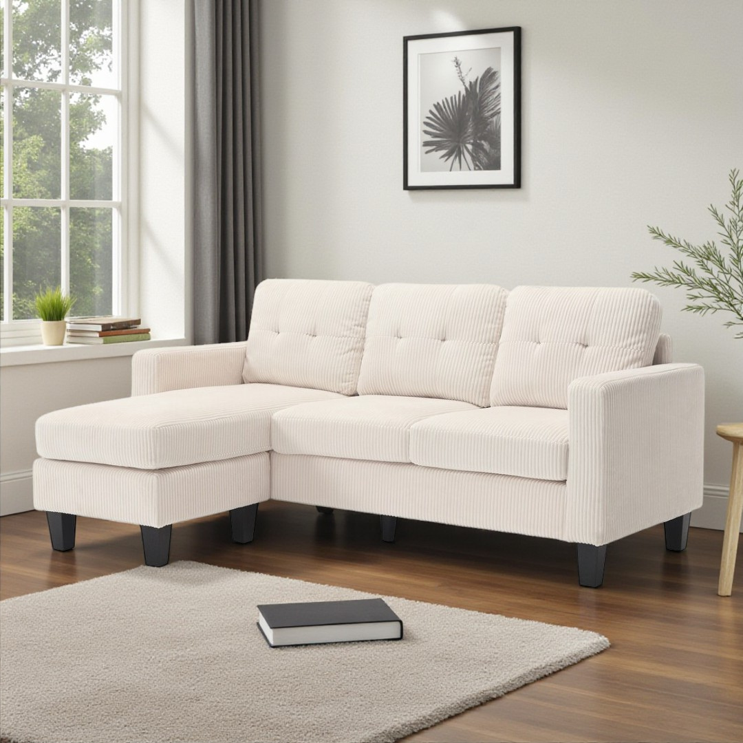 Elmo – Reversible Corduroy Sofa with Storage Chaise – Beige