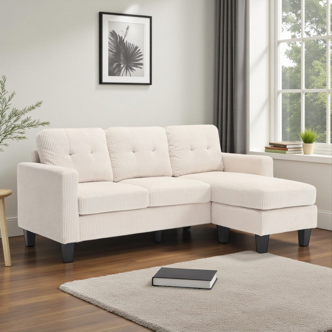 Elmo – Reversible Corduroy Sofa with Storage Chaise – Beige