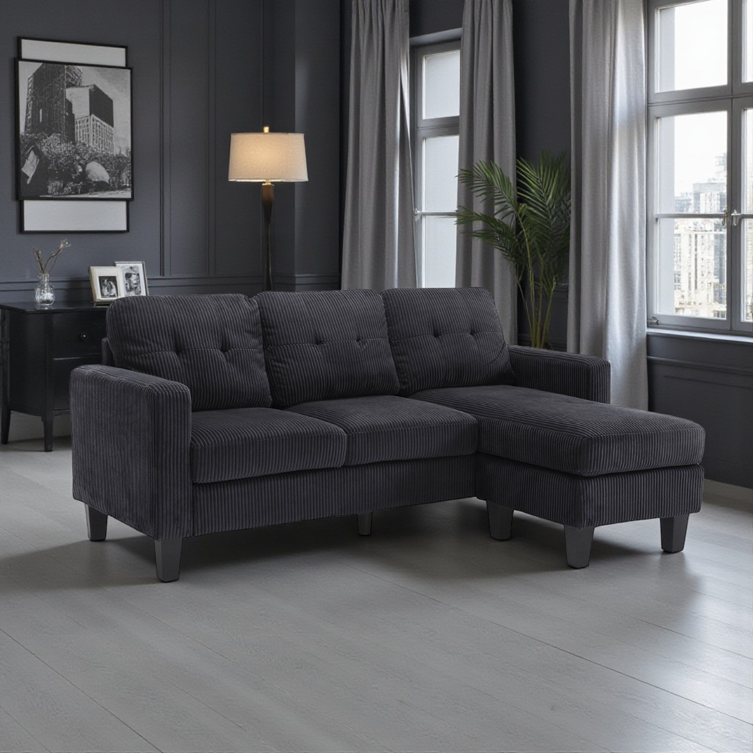 Elmo – Reversible Corduroy Sofa with Storage Chaise – Black