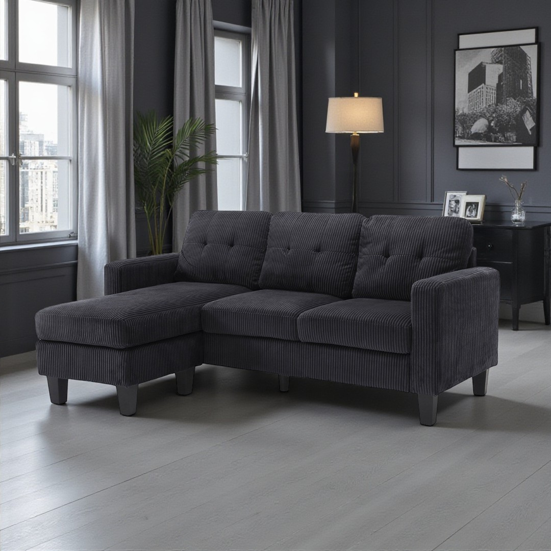 Elmo – Reversible Corduroy Sofa with Storage Chaise – Black