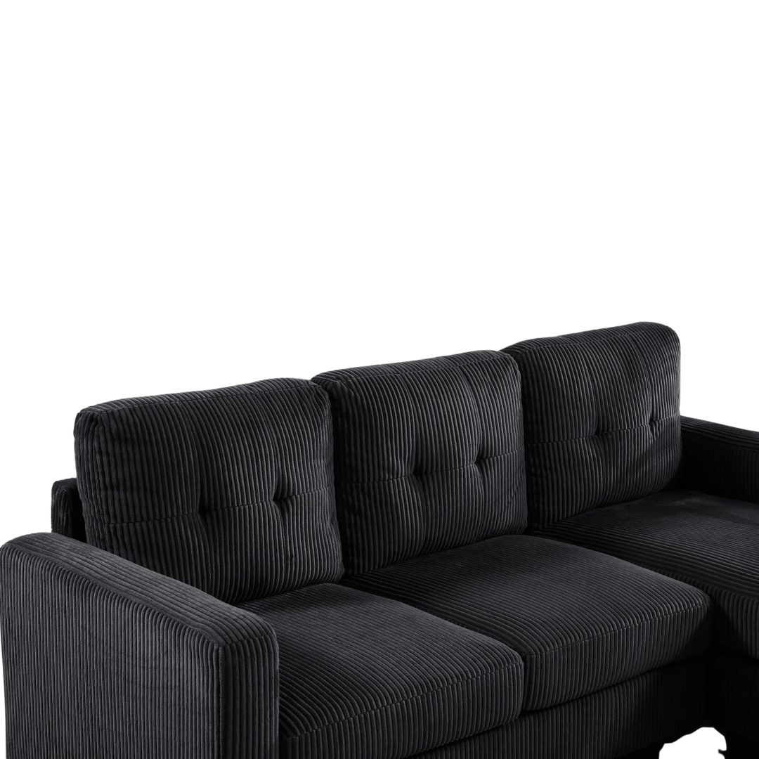 Elmo – Reversible Corduroy Sofa with Storage Chaise – Black