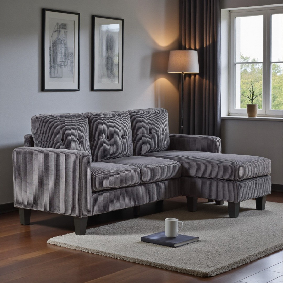 Elmo – Reversible Corduroy Sofa with Storage Chaise – Grey