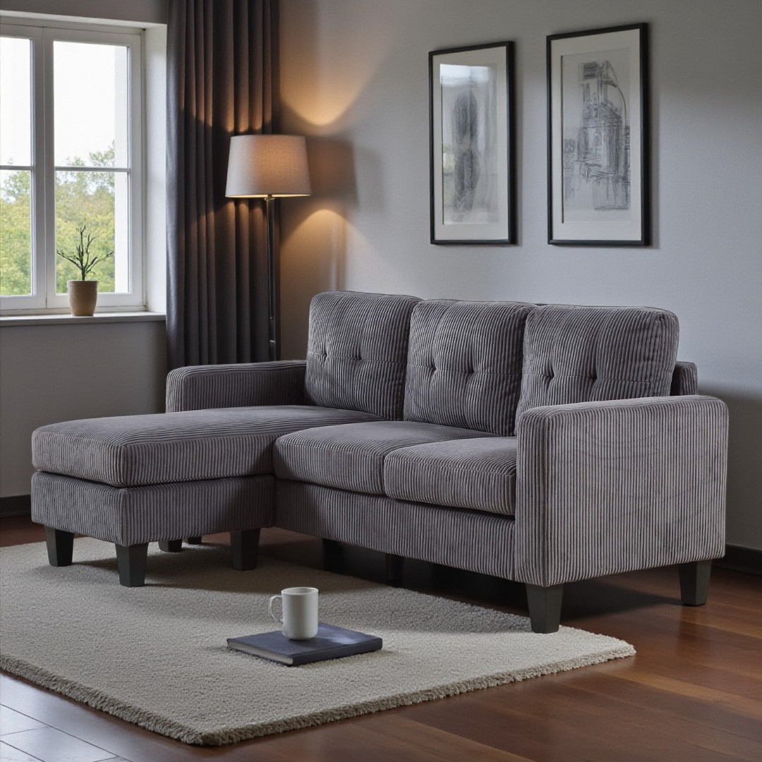 Elmo – Reversible Corduroy Sofa with Storage Chaise – Grey