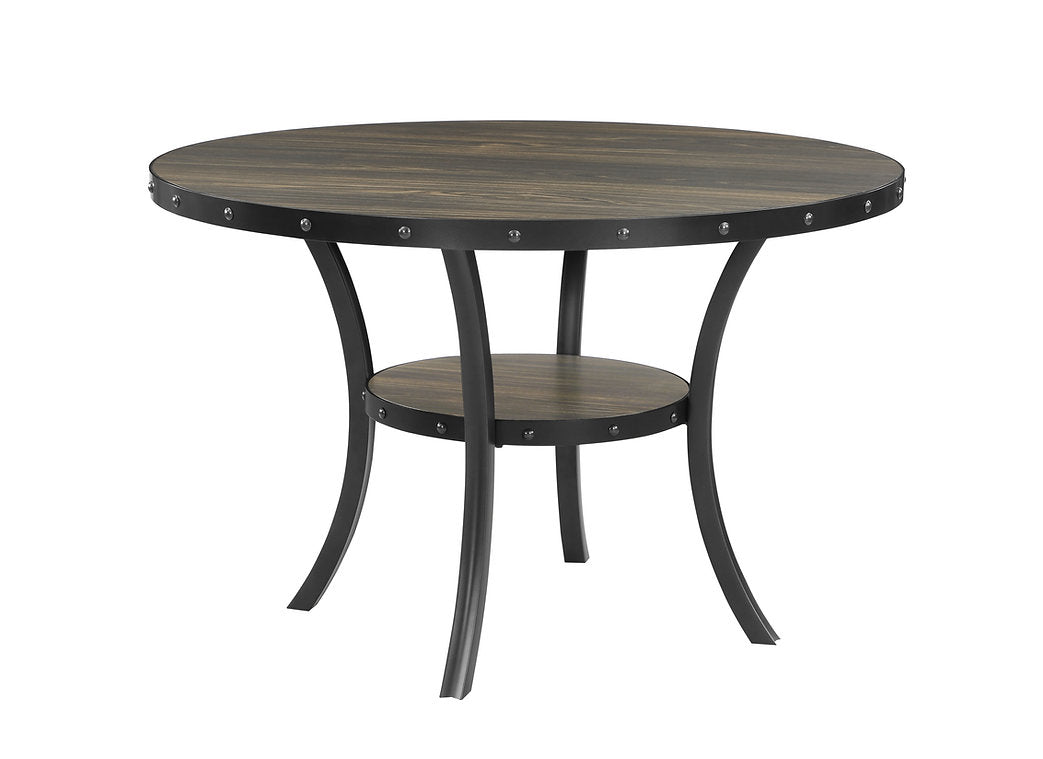 Table rustique espresso avec bordure cloutée et étagère de rangement 1610