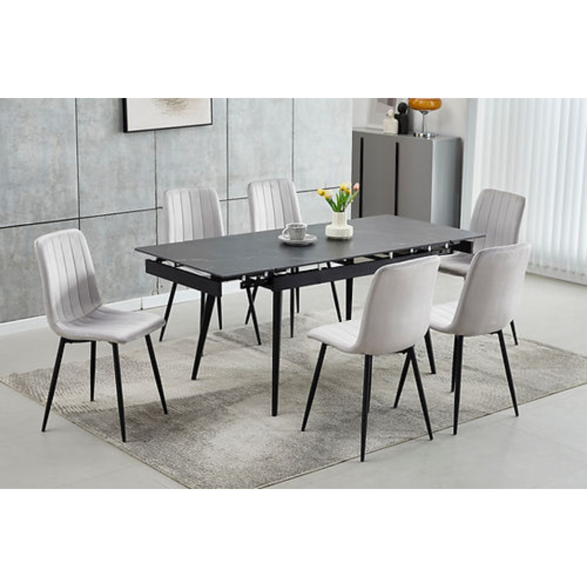 Table extensible en pierre frittée avec plateau en marbre noir et chaises en velours - T-1472/C-1473